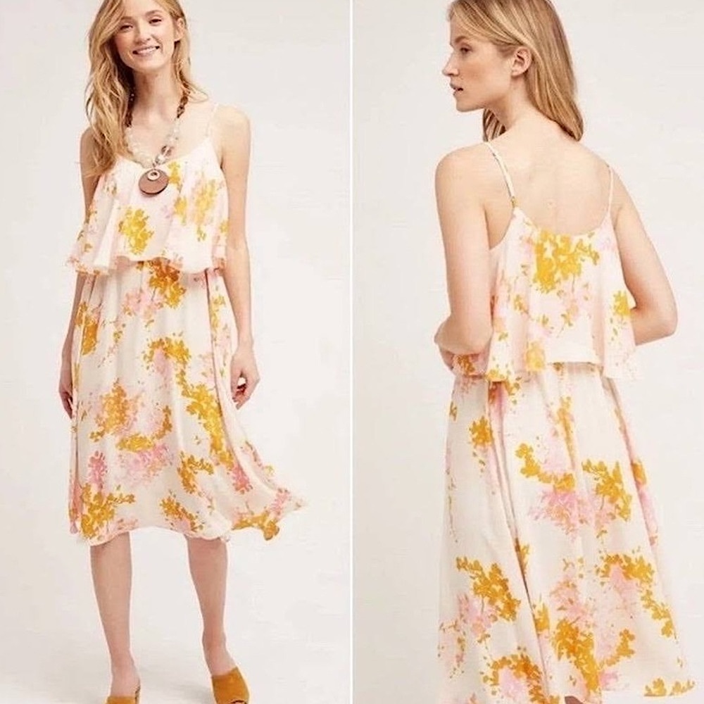 Anthro Paper Crown Magnolia Tank Dress Blouson A-Line Cream Pink Orange Medium